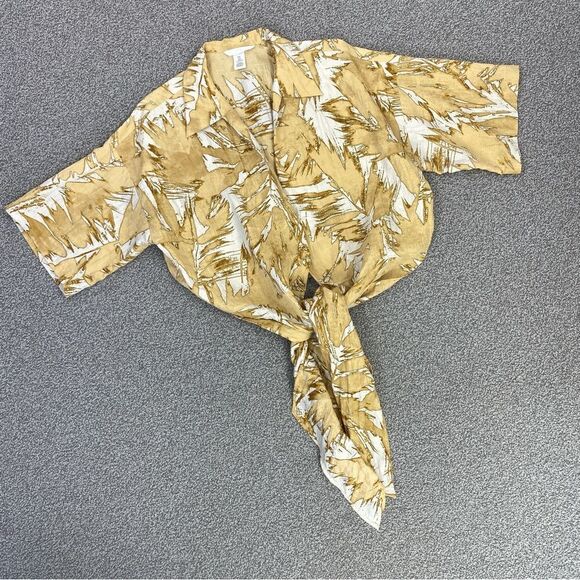 H&M Abstract Leaf Print Tie Front Crop Blouse Tan Cream Large Half Sleeve - Picture 15 of 15